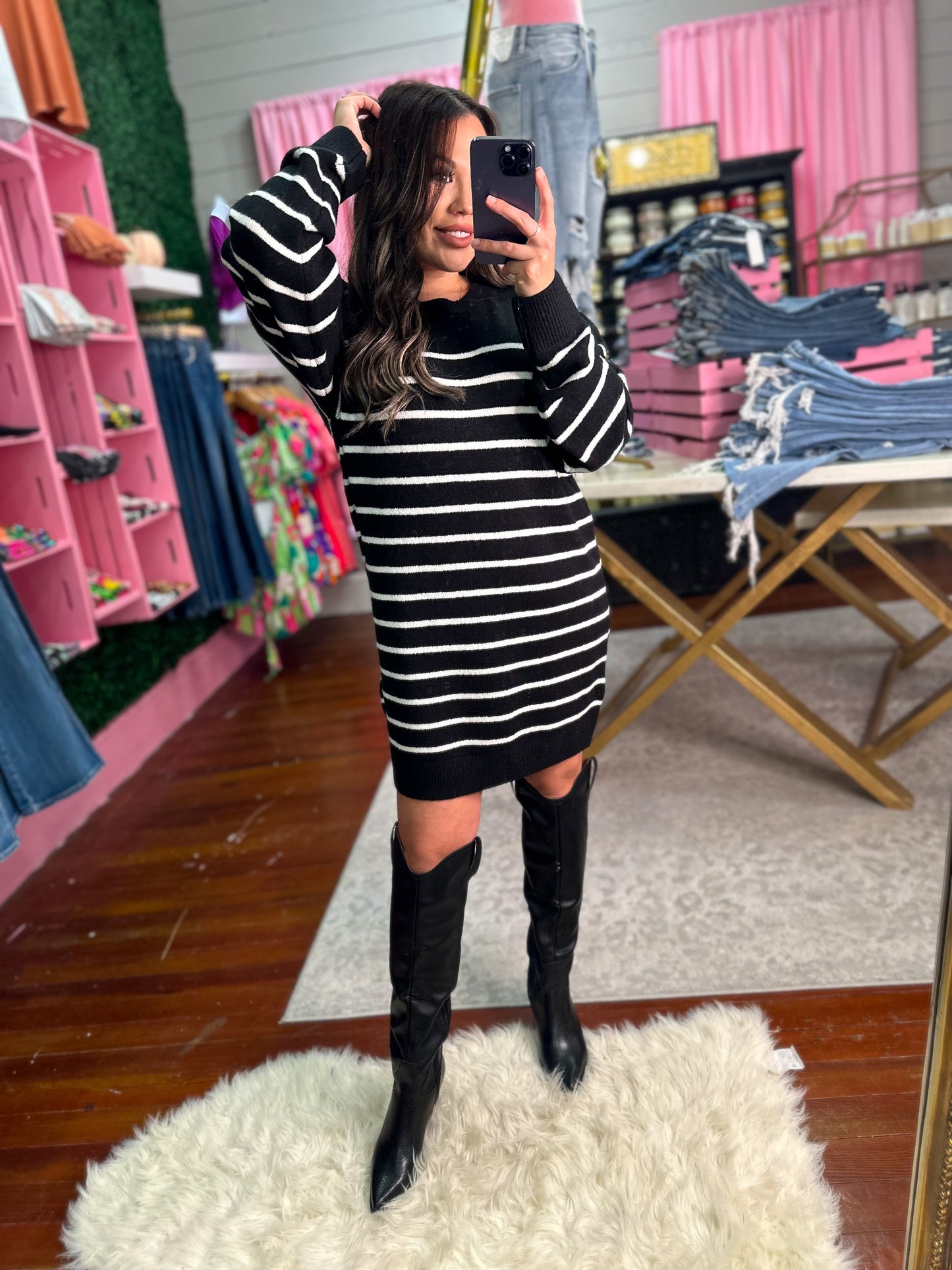 CASUALLY CHIC BLACK STRIPED SWEATER DRESS