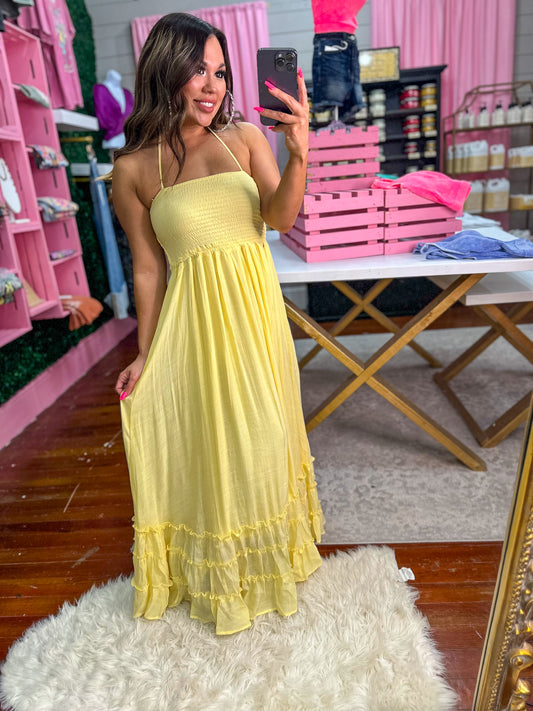 TIME AFTER TIME BACKLESS HALTER YELLOW MAXI