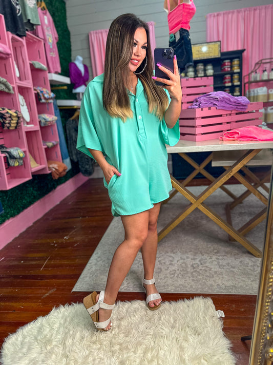 EVERYTHING CAN WAIT MINT OVERSIZED ROMPER